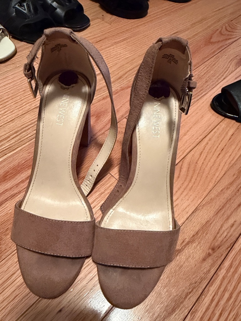 Nine West Taupe Suede Ankle Strap Block Heels
